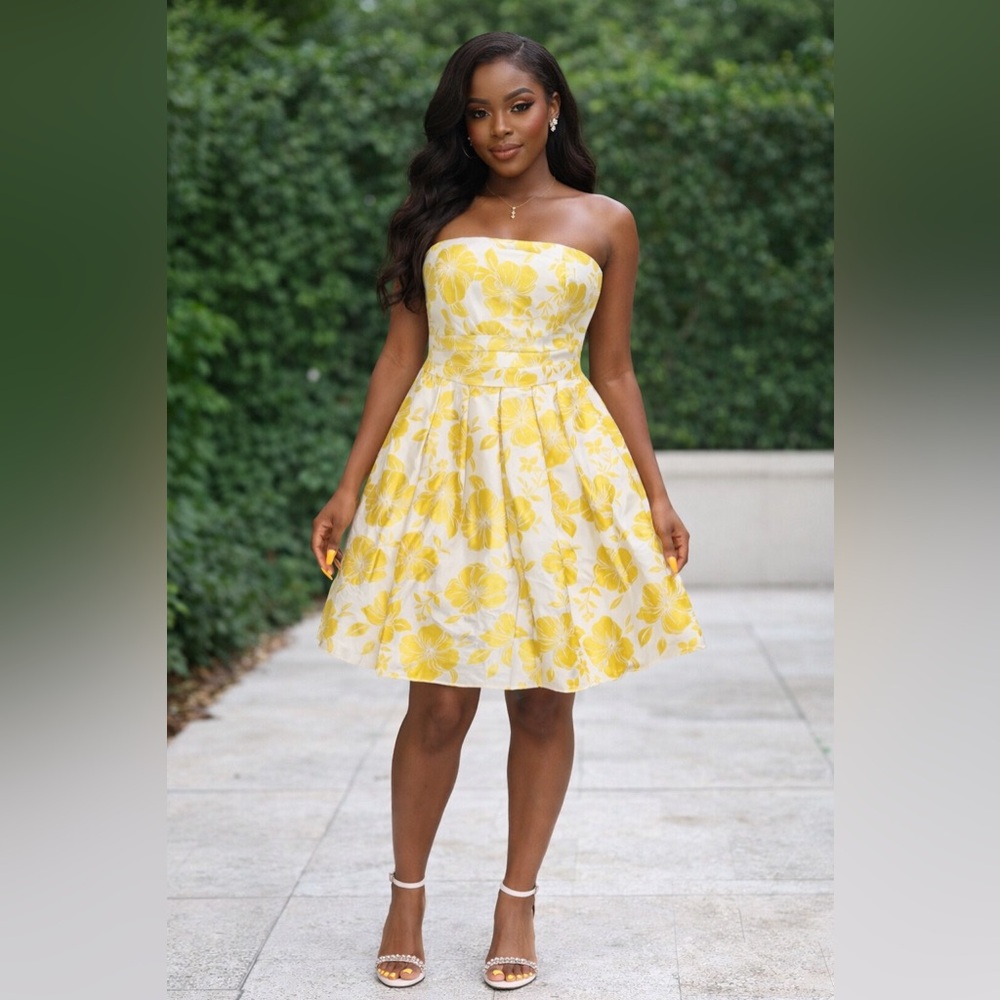 Ann Taylor Silk Blend Butter Yellow Strapless Floral Midi Dress Size 0